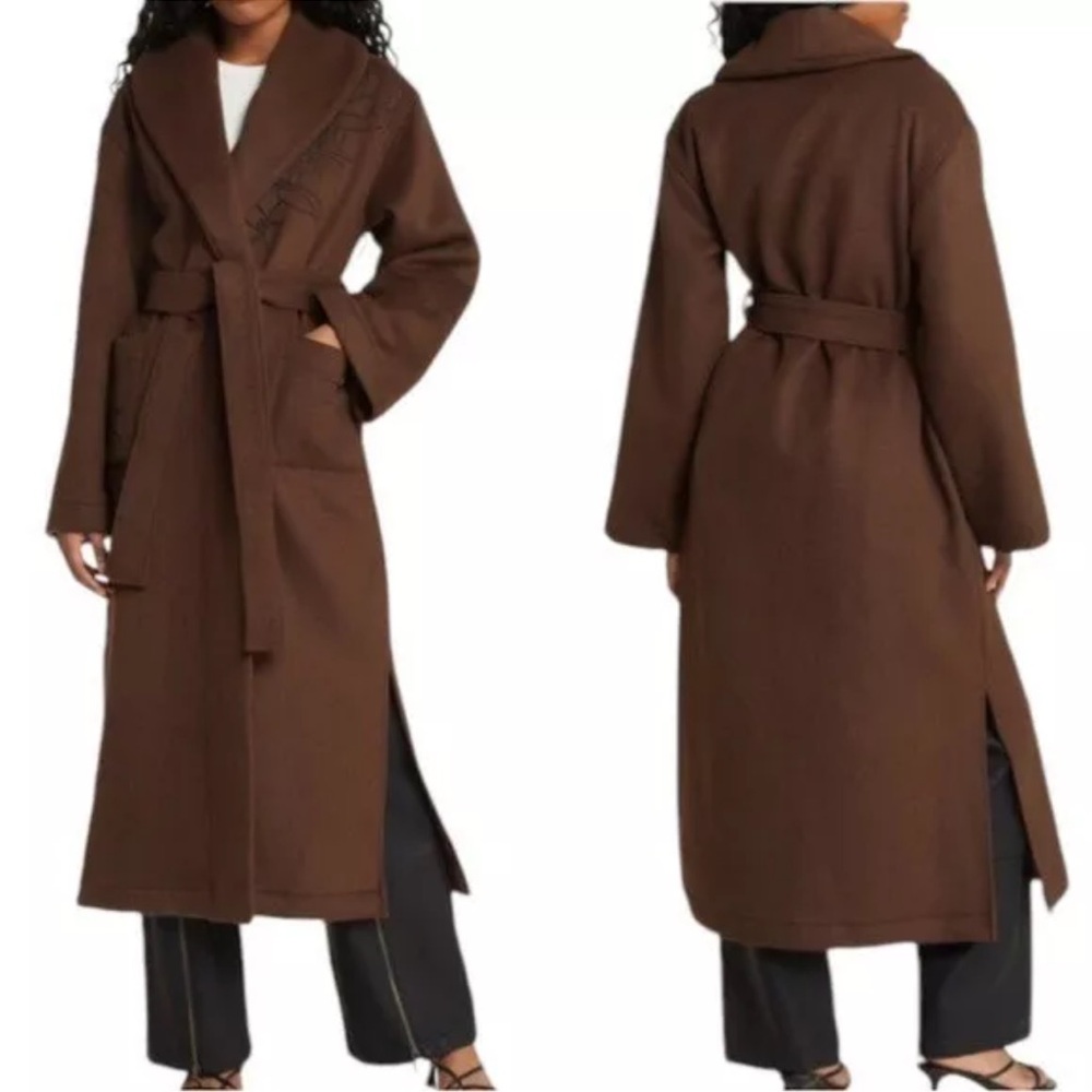 HONOR THE GIFT $385 LONG TIE WRAP Wool Blend ROBE Coat in Brown W EMBROIDERY
